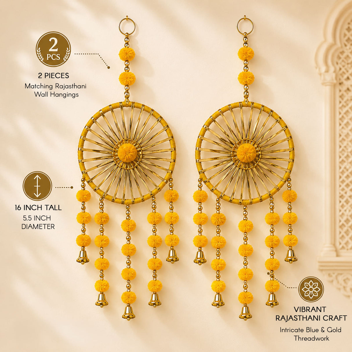 Ring wall hanging woollen stuffed set of 2 with golden dreamcatcher style, yellow pom-poms, blue and gold threadwork