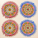 Handmade indian woolen embroidery 2 pcs pooja thali cover with vibrant red and blue floral mandala coasters with tassel trim