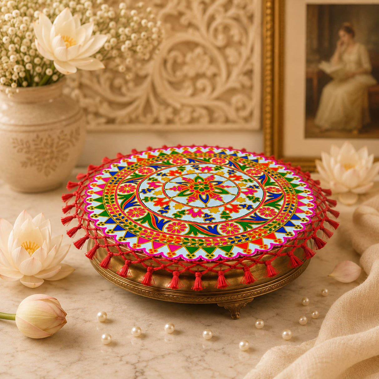 Handmade Indian woolen embroidery decorative pooja thali cover with vibrant floral patterns and red tassels for wedding ceremonies