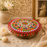 Handmade Indian woolen embroidery decorative pooja thali cover with vibrant floral patterns and red tassels for wedding ceremonies