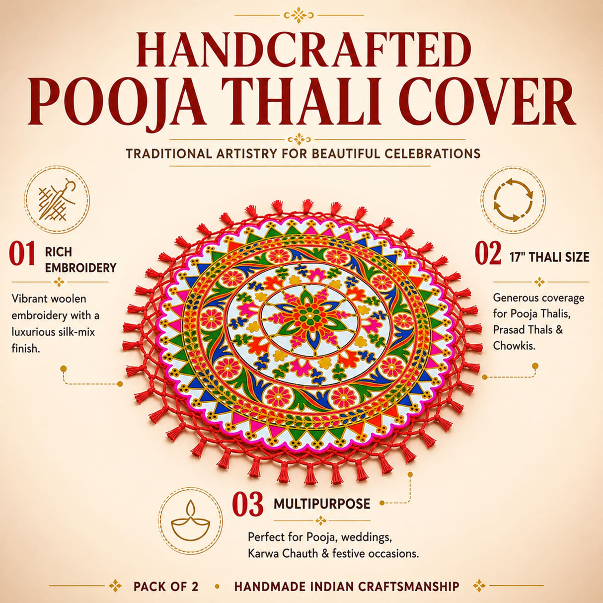 Handmade Indian woolen embroidery pooja thali cover with vibrant multicolored designs and red tassels for wedding puja