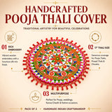 Handmade Indian woolen embroidery pooja thali cover with vibrant multicolored designs and red tassels for wedding puja