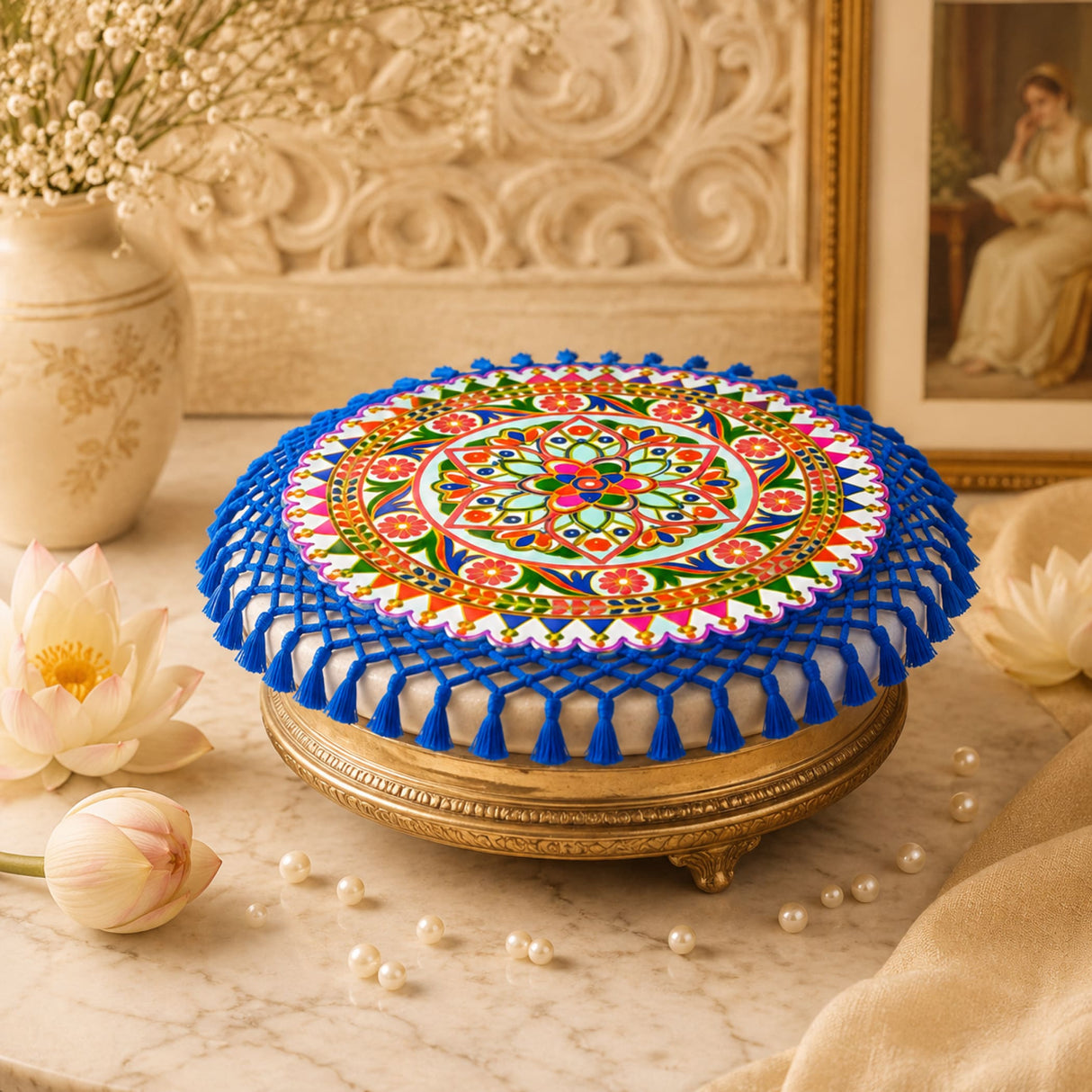 Vibrant blue handmade Indian woolen embroidery doily with multicolored mandala design on golden ornate pedestal for pooja thali cover