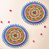 Handmade Indian woolen embroidery 2 pcs pooja thali cover with vibrant mandala designs and blue fringe borders