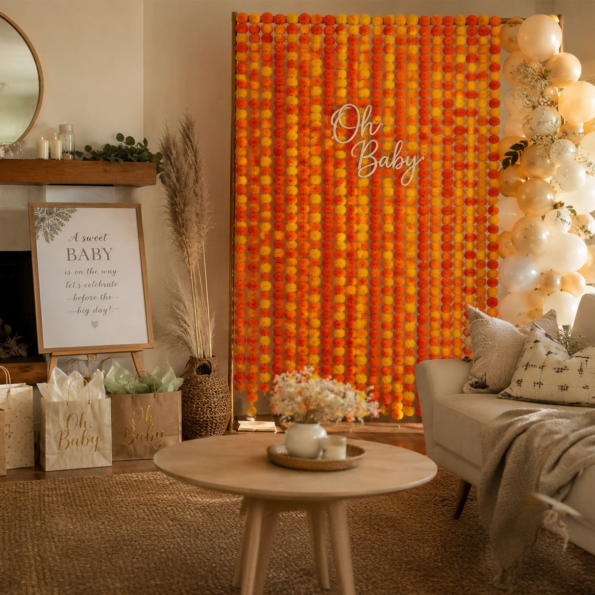 Artificial yellow orange marigold strings made of vibrant flowers for Diwali, Day of the Dead, pooja, and wedding decor