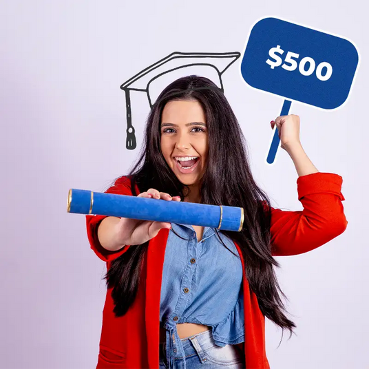 Young woman holding a diploma and a ’$500’’ sign