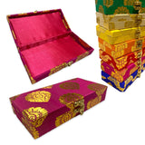 Vibrant magenta brocade jewelry organizer box with gold ornate patterns and metallic clasp for shagun return gifts