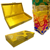 Golden brocade jewelry organizer box with ornate floral patterns and metallic clasp for traditional indian wedding favors