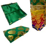Green brocade jewelry organizer box with gold floral embroidery and metallic clasp for traditional Indian wedding favors