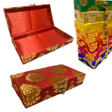 Red rectangular brocade jewelry organizer box with gold floral patterns and metallic clasp for traditional wedding favors