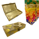 Rectangular brocade jewelry organizer box with gold damask fabric and golden interior lining for wedding favors