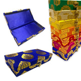 Vibrant blue and gold brocade jewelry organizer boxes with ornate metal clasps for indian wedding and shagun favors