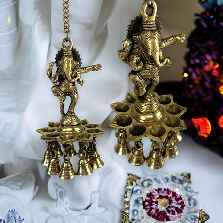 Brass Ganesha Wall Hanging Diya with Bells Ganesh Hanging Idol Oil Lamp Diya for Home Temple Mandir Office Diwali Decor Kathu Vilakku Puja Diyas - Deepawali Housewarming Return Gifts - LoveNspire