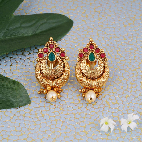 Indian Ethnic Earrings for Women - Traditional South Indian Stud Earrings Gold Plated Vibhati Jhumkas Faux Kundan Dangle Drop Earrings in Gold Tone Ear Jewelry for Bride | Gift for Her - LoveNspire